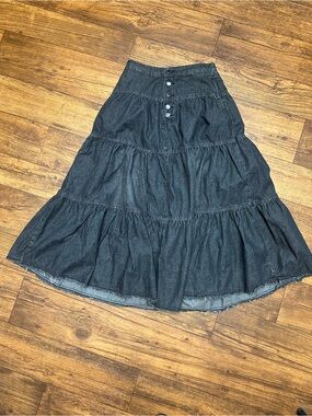 Tiered Denim Maxi Skirt - Black